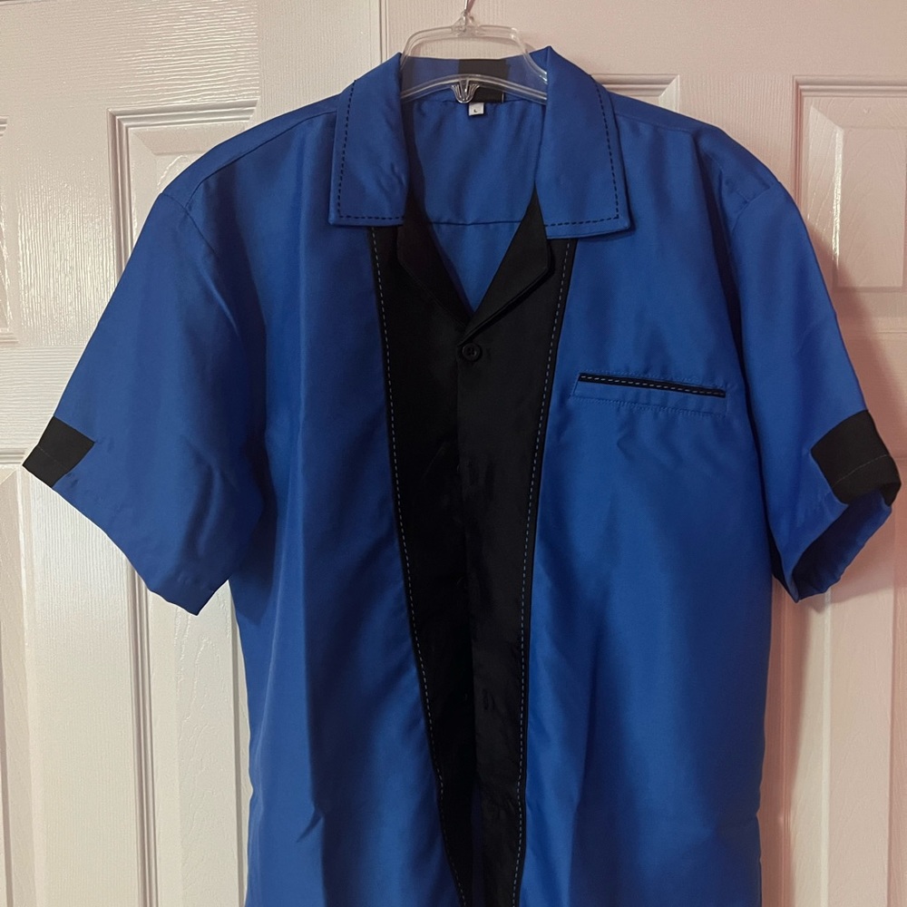 Hilton Blue and Black Mens Bowling Shirt Size L